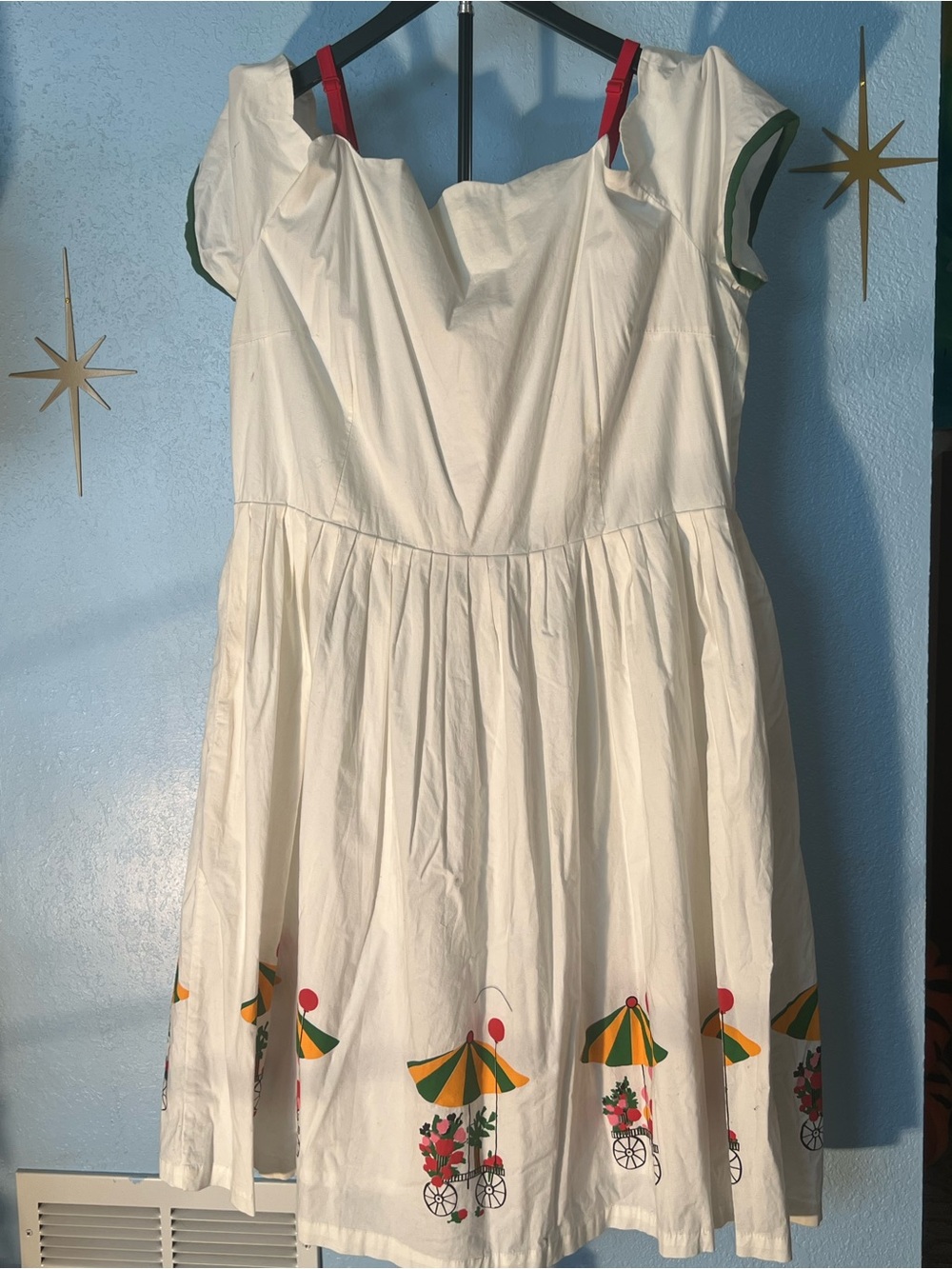 Tatyana White Cotton Dress with Green, Yellow and Red Cart Print